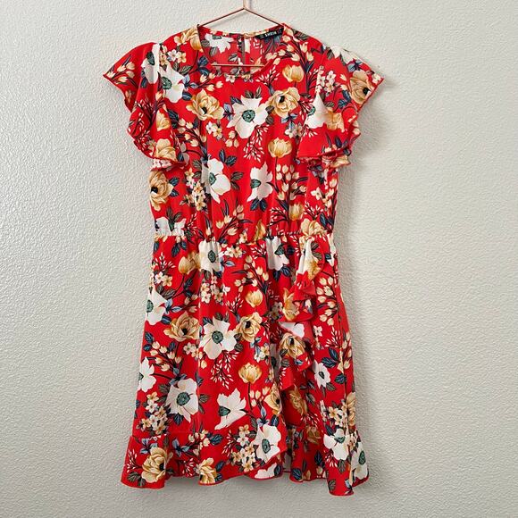 Shein Dresses & Skirts - SHEIN red floral faux wrap ruffle dress flutter sleeves